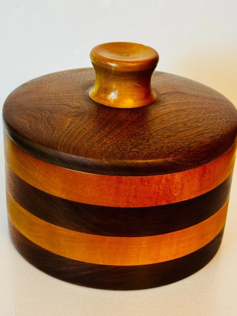 Handmade Turned Wood Round Box 7x7 Trinket Box with Lid 4 Layer Cabin READ